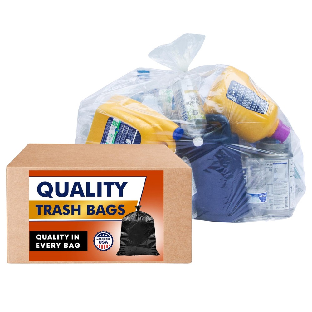 55 Gallon Clear Trash Bags, (50 Bags w/Ties) Large Clear Plastic Recycling Ga...