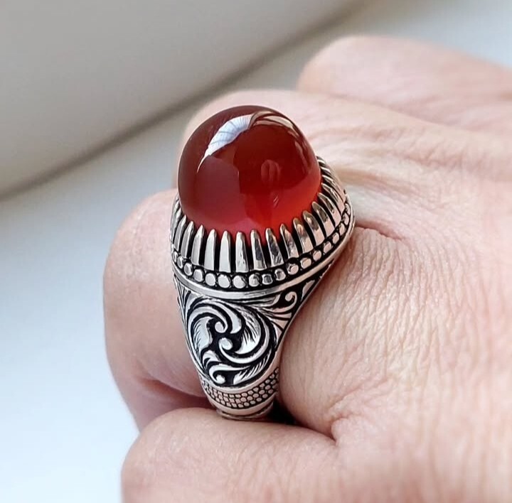 Natural Yemeni Aqeeq Ring For Men Red Agate  Carnelian Sterling Silver In 925