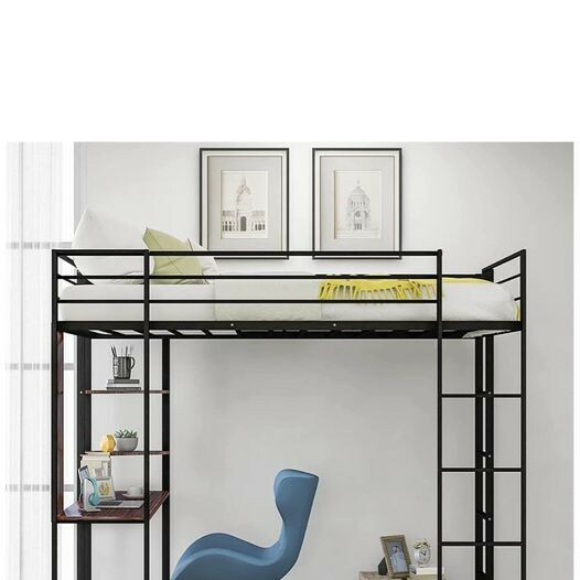 Full Size Metal Loft Bed with Desk, Shelves & Zinus Mattress Included-image
