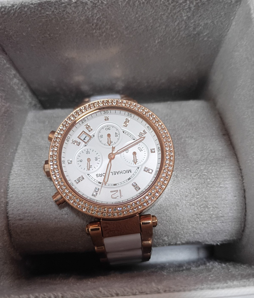 Michael Kors Women's Chronograph Wristwatch Rose Gold White Gemmed Metal Analog