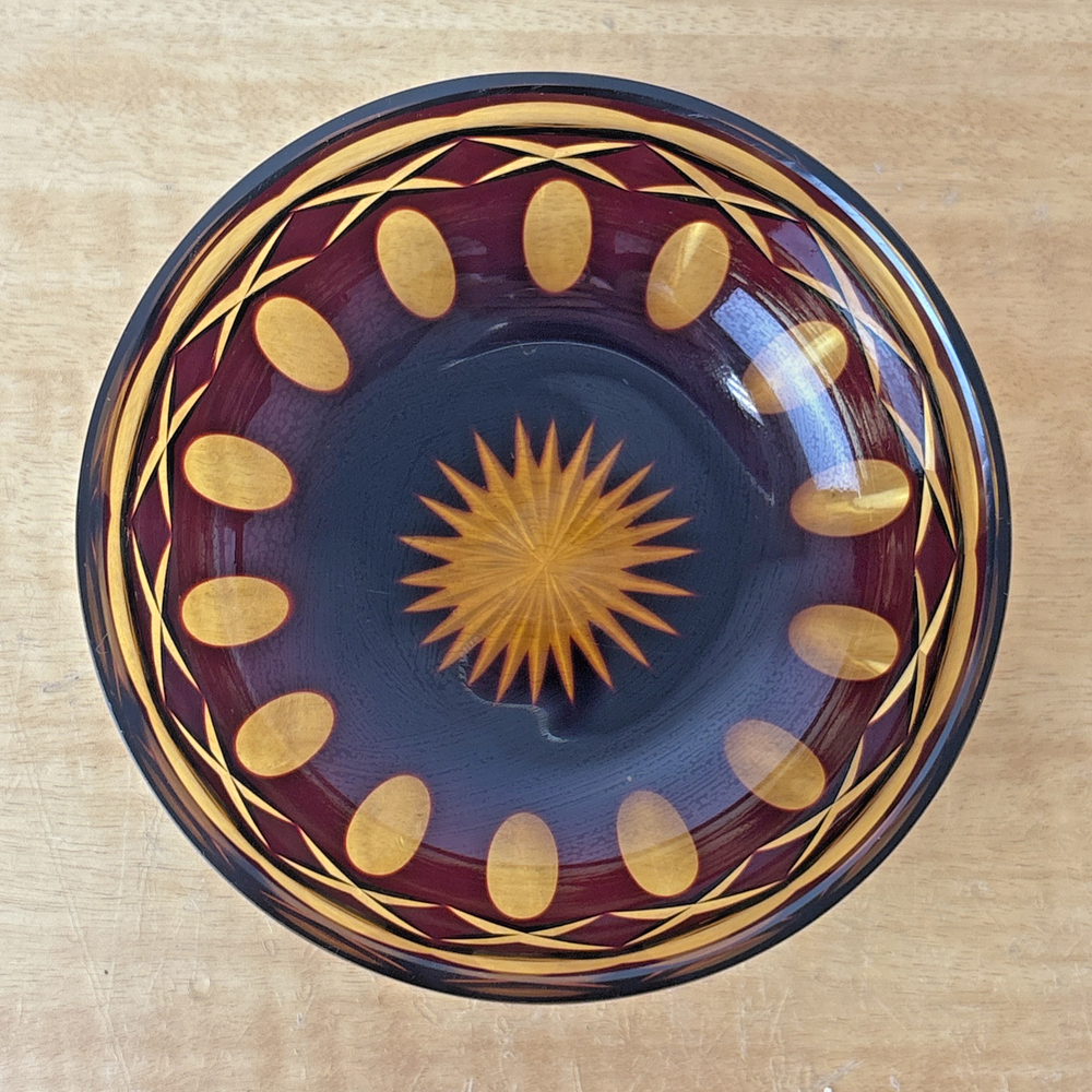 Bohemian Amber Red Orange Cut Glass Candy Dish Bowl 4.25 Inch