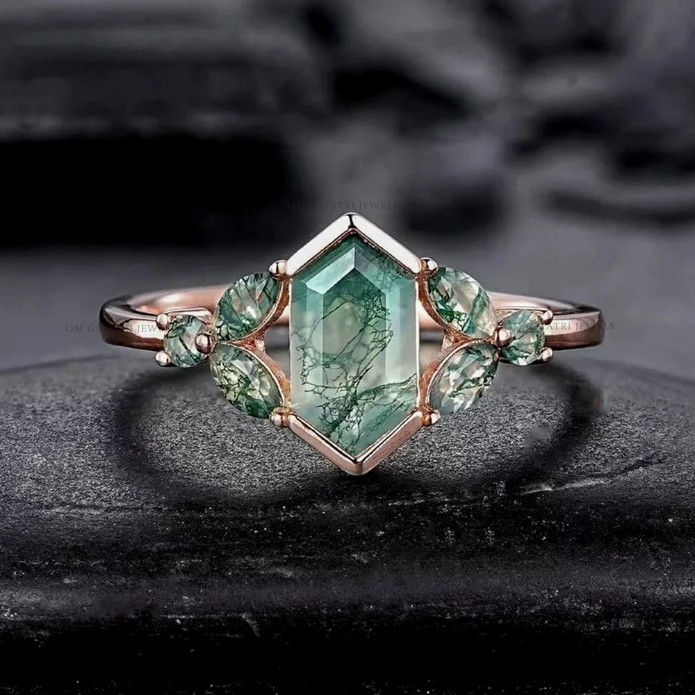 Vintage Hexagon Moss Agate & Moissanite Engagement Ring in Rose Gold & Silver  