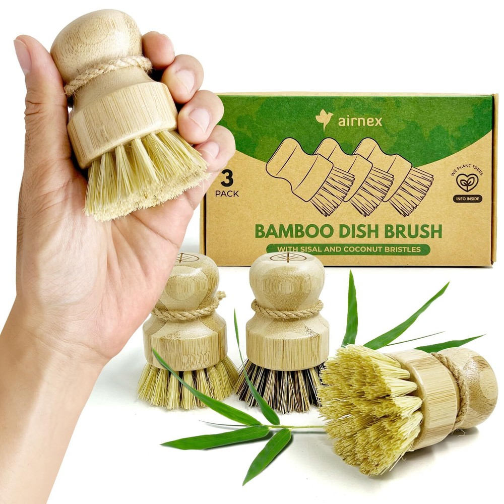 Bamboo Dish Brush Set Of 3 100% Plantbased Kitchen Dish Brush Bamboo With Sisal