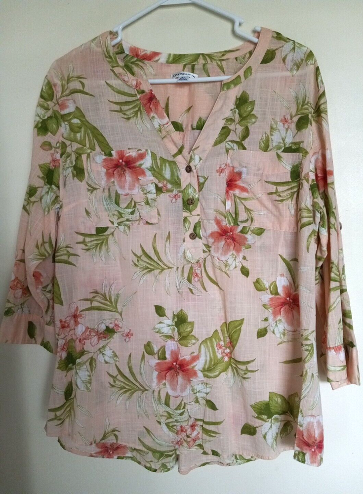 Top Croft & Barrow para mujer talla XL estampado de flora melocotón 1/2 botón delantero