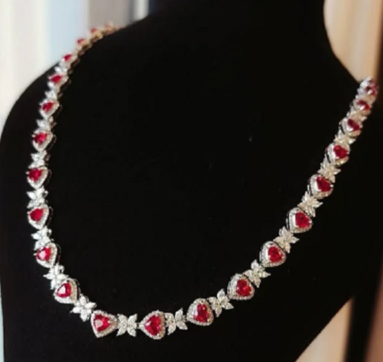 32ct Heart-Cut Simulated Ruby & CZ Tennis Necklace in 14K White Gold Plated