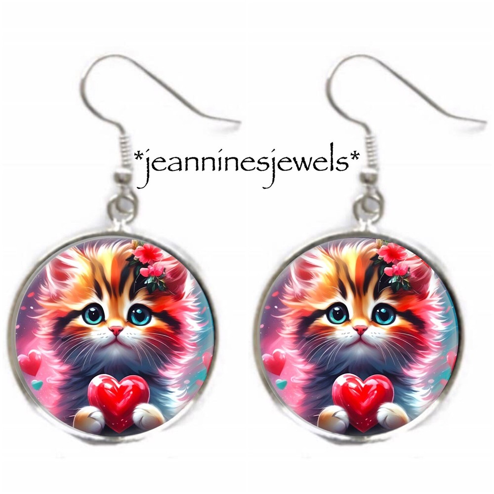 Valentines Day Cat Earrings Silver Charm Dangle Cat Mom Lover Valentine Gift