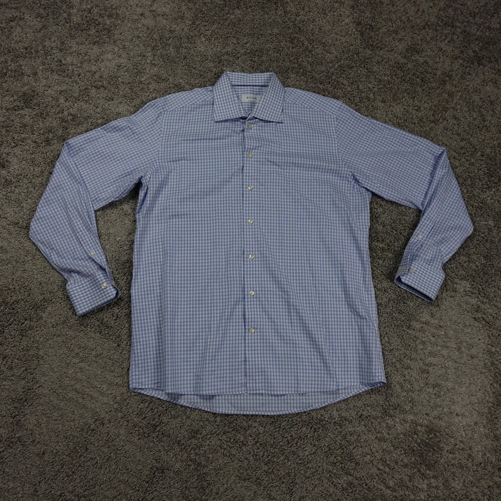 Eton Contemporary Shirt Mens 18 2XL Gingham Check Blue Poplin Cotton Button Up
