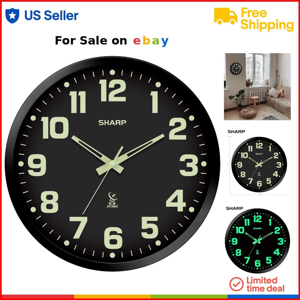 12 Inch Atomic Wall Clock with Glow Dark Numbers Auto Set Battery Powered