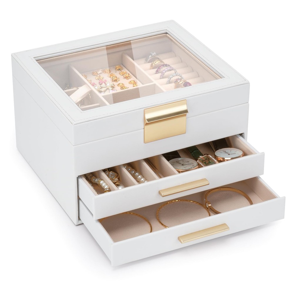 3-Layer Jewelry Box for Women, Jewelry Organizer with Glass Lid and Drawers, ...