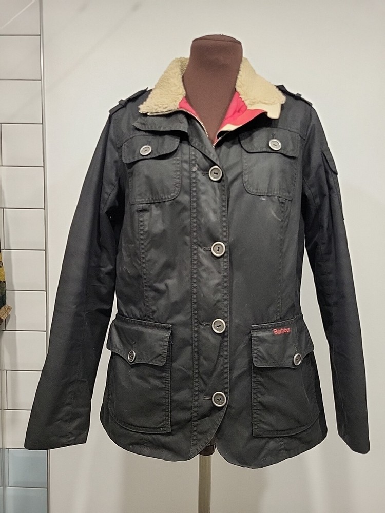 Barbour Compass Women's UK 14 12 Black Wax Jacket Coat Sherpa Padded Ladies