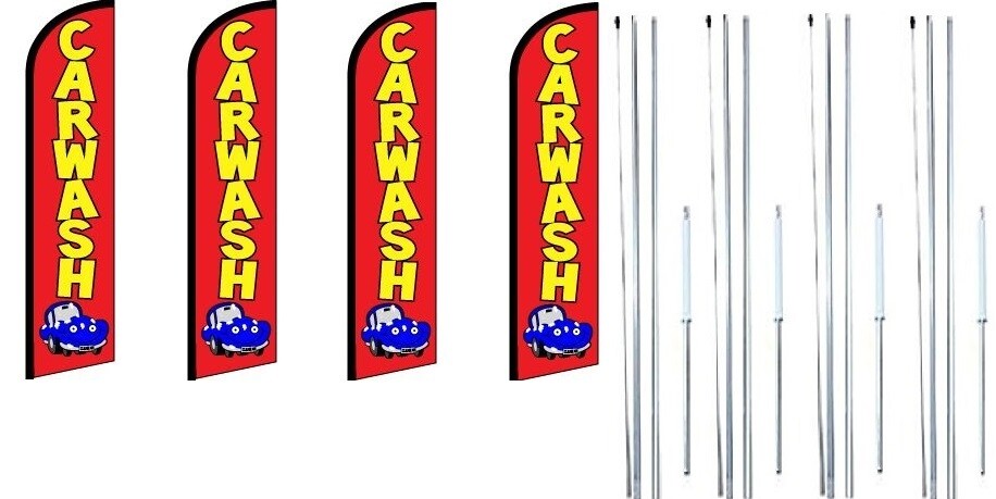 Car Wash (Red) Windless Flag With Complete Hybrid Pole set- 4 pack