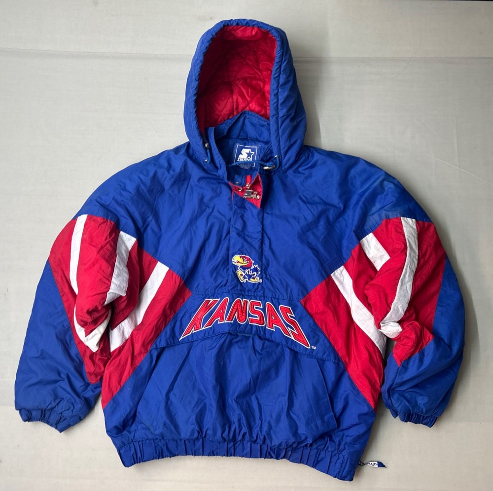 VTG STARTER KU Kansas Jayhawk Hooded Puffer Jacket NCAA Half Zip Side Zip - XL-