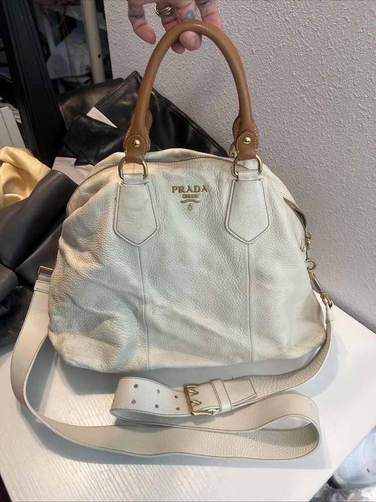 Prada Ivory Leather Large Handbag with Gold Hardware & Top Handles