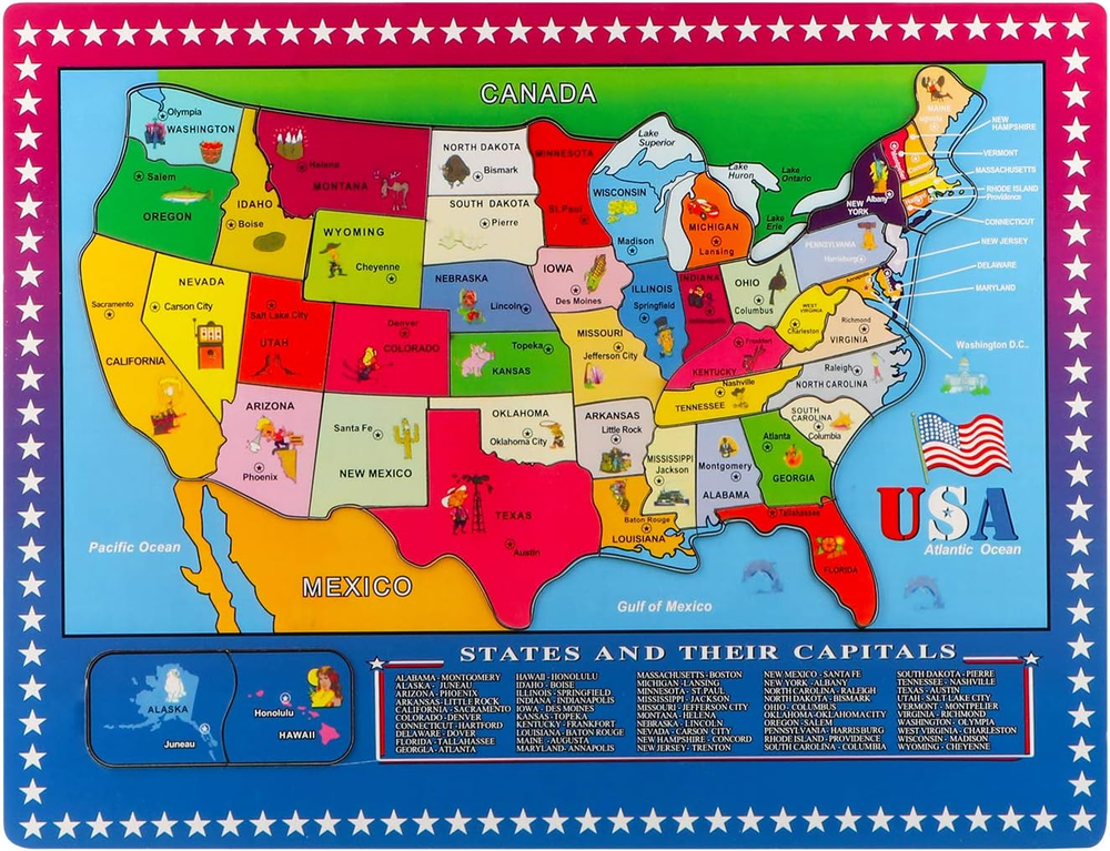 Joqutoys Wooden USA Map Puzzle, 46 Pieces US Map Puzzle for Kids, Educational Ge