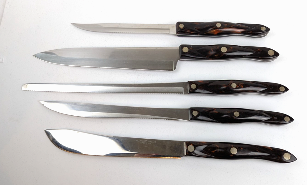 Vintage CUTCO Knives Set with Marble Swirl Handles Signed T Lamb Models 1722-1729