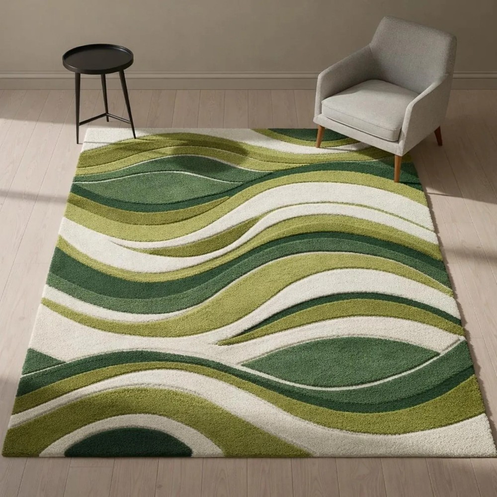 Modern Green Abstract Hand Tufted Rug, Wavy Pattern Area Rug,