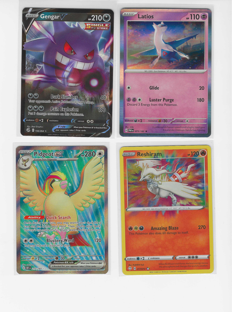 Lot of (4) Pokemon Cards Gengar V Pidgeot EX Reshiram Amazing Latios Holo