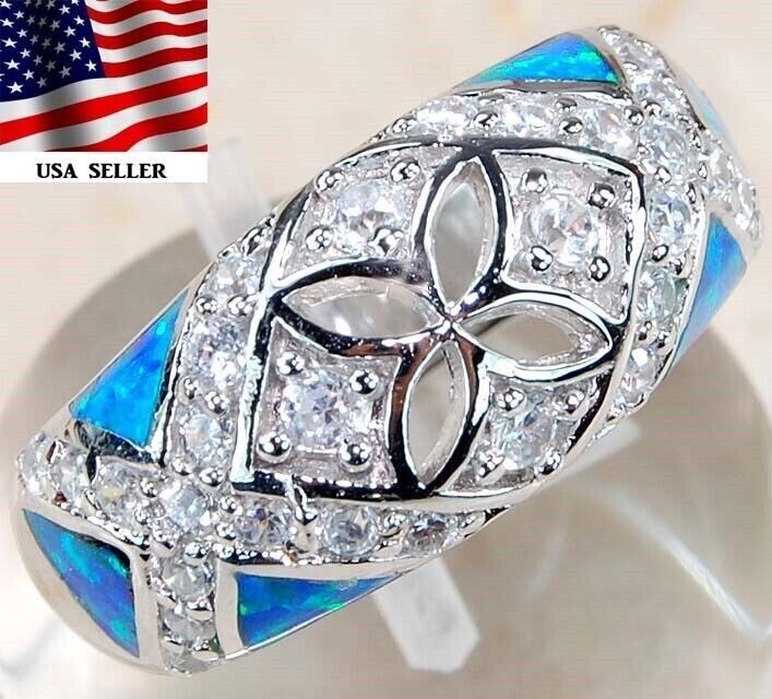 Australian Opal Inlay & Topaz 925 Sterling Silver Ring Jewelry Sz 7 DT3