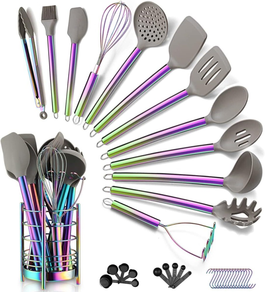 Silicone Head Stainless Steel Cooking Utensils Set with Crocks