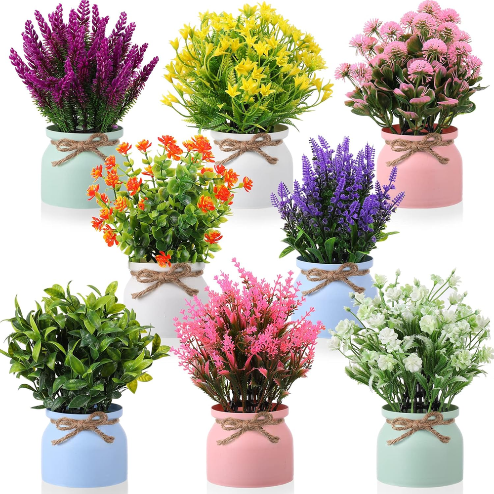 8-Piece Artificial Potted Plants Fake Greenery Plastic Flowers for Home Decor