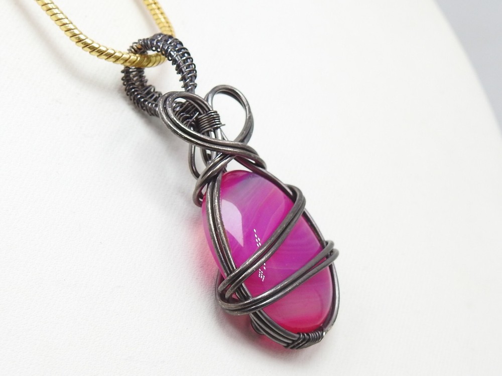Pink Strip Agate Brass Pendant Silver Oxidised Polished Wire Wrapped Jewelry