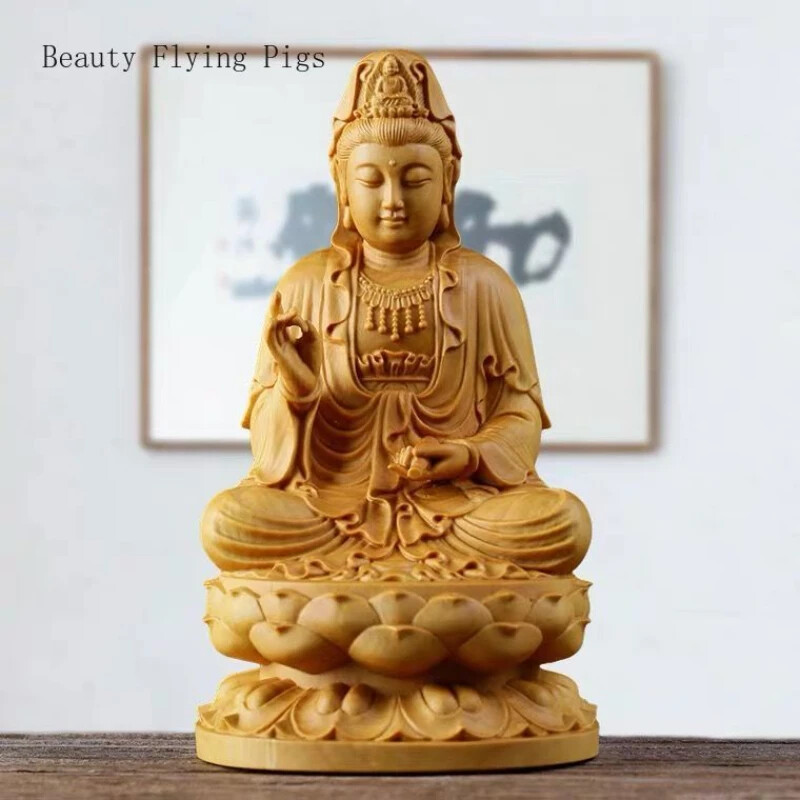 Handcrafted Guanyin Buddha Woodcarving for Temple Decor and Prayer Statues