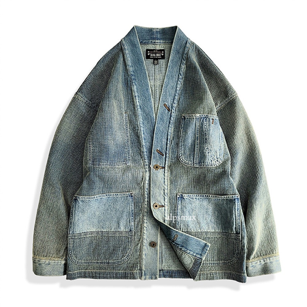 Indigo Dyeing Denim Jacket Sashiko Taoist Robe Coat Vintage Casual Work Coat