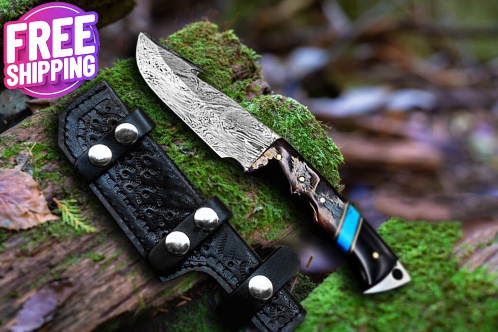 Custom Handmade Damascus Steel Bowie Tactical Fixed Blade with Micarta Handle