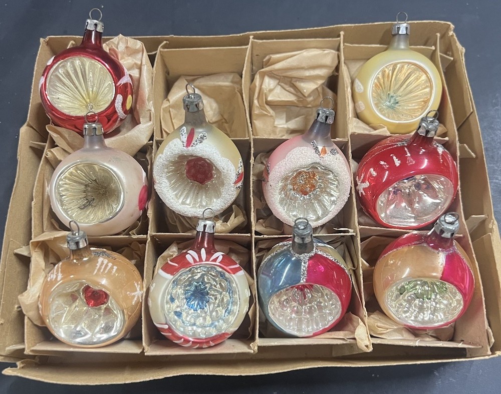 Vintage Poland Mercury Glass Christmas Ornaments Indent Teardrop Round Lot Of 10