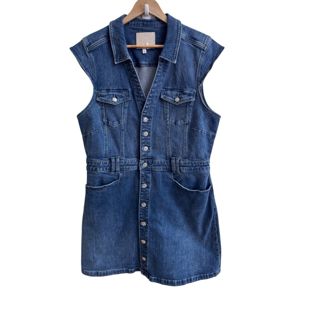Paige Jaxsyn Button Front Denim Mini Dress with Collar Cap Sleeves Womens Size 14