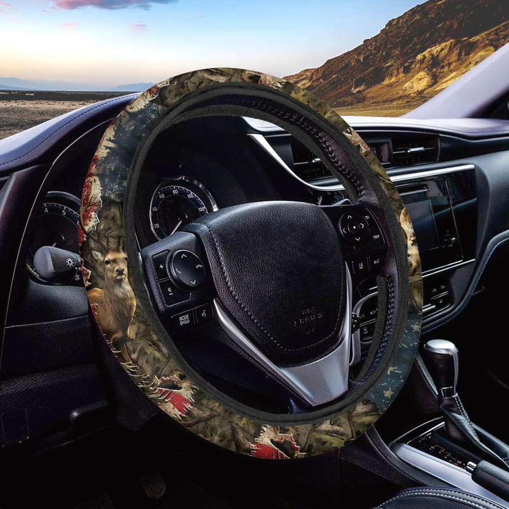 Hunting Camo Deer American Flag Steering Wheel Cover 15 Inch Universal Fit