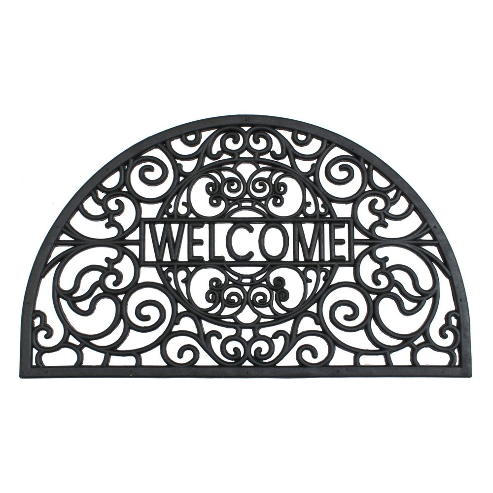 Black Molded Scroll HAF-Round Rubber Doormat, 18x30 Inches, Welcoming Design