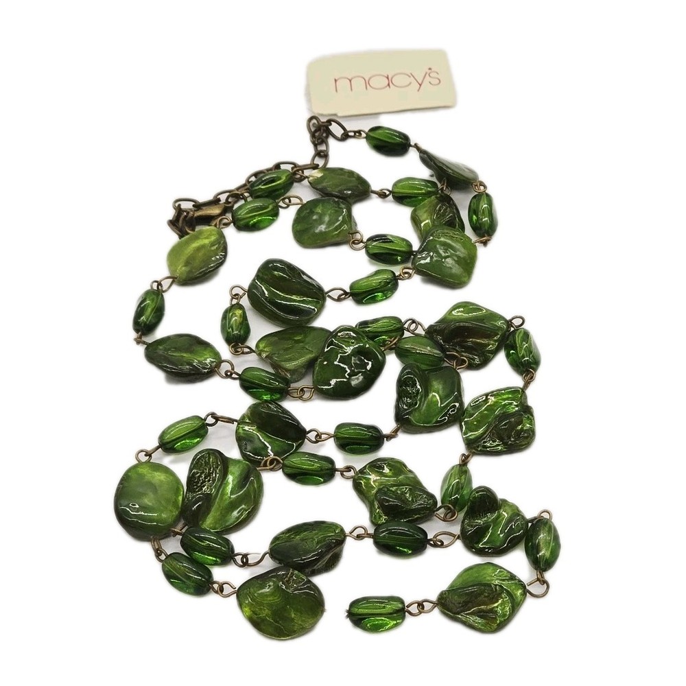 Macy's Multicolor Green Bead Long Shell Necklace 41 Inch Asymmetrical Summer Style