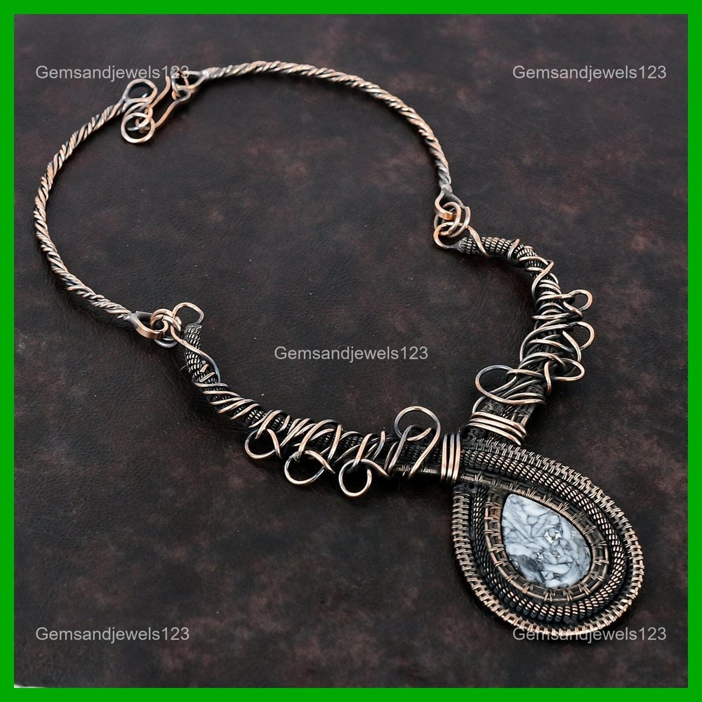 Mother's Day Special Pear-Shaped Pinolith Jasper Copper Wire Wrapped Necklace-image