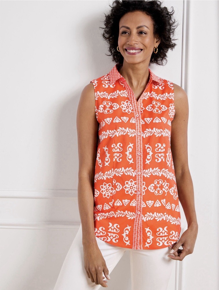 TALBOTS Sleeveless Non-Iron Perfect Shirt Dainty Tile Size 14 Orange Button EUC