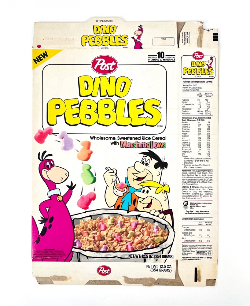 Vintage 1991 Flintstones Dino Pebbles Cereal Box Premium Stickers