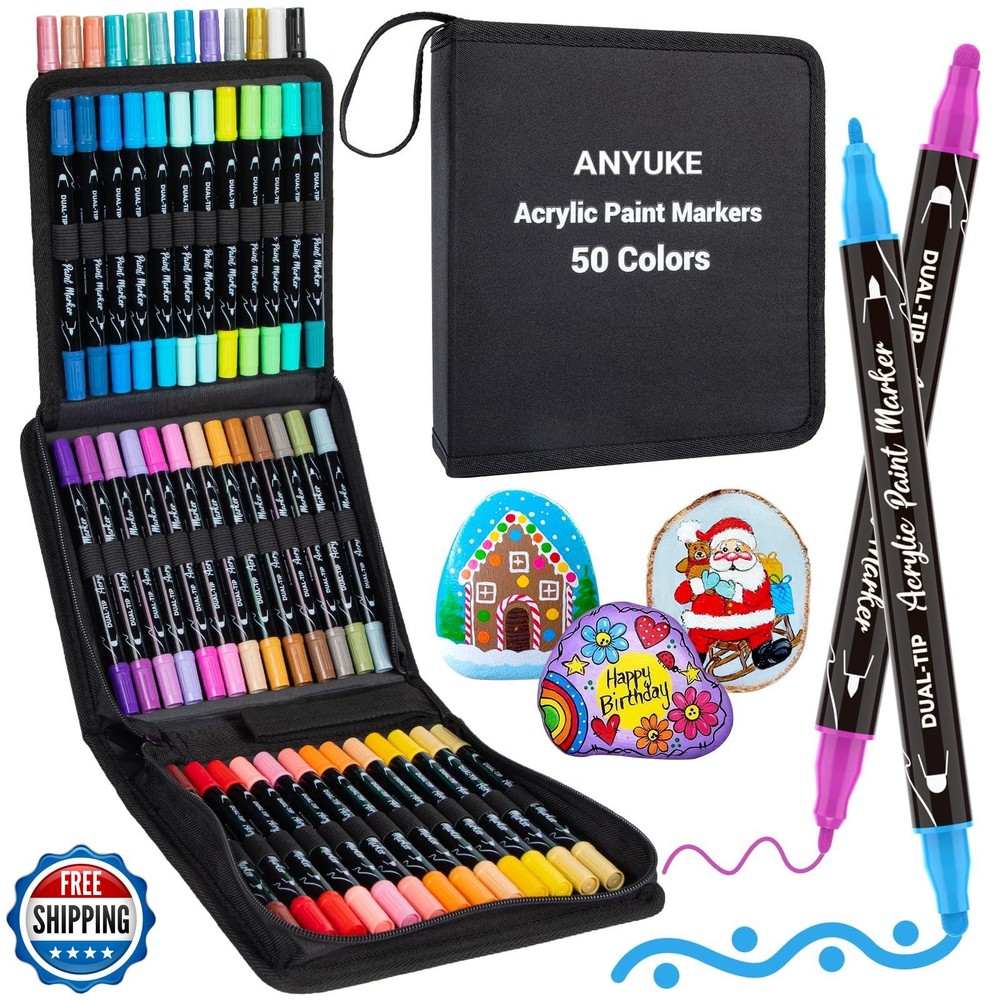 ANYUKE 50-Color Dual Tip Acrylic Paint Markers for Art Craft DIY Projects