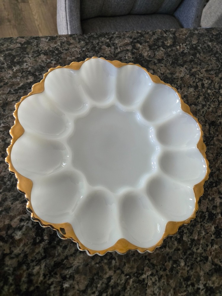 Vintage White Milk Glass Deviled Egg Oyster Plate with Gold Trim  