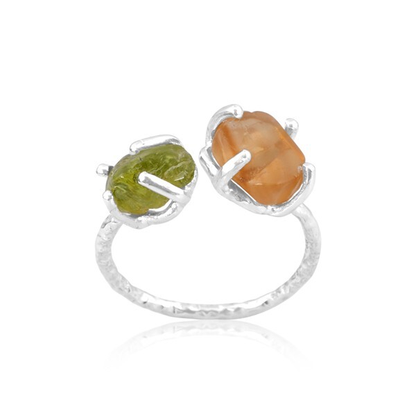 Double Raw Peridot Citrine Rough Sterling Silver Wedding Ring