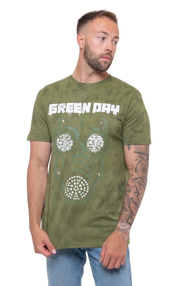 Official Green Day Gas Mask Band Logo Dip Dye Green Unisex T-Shirt