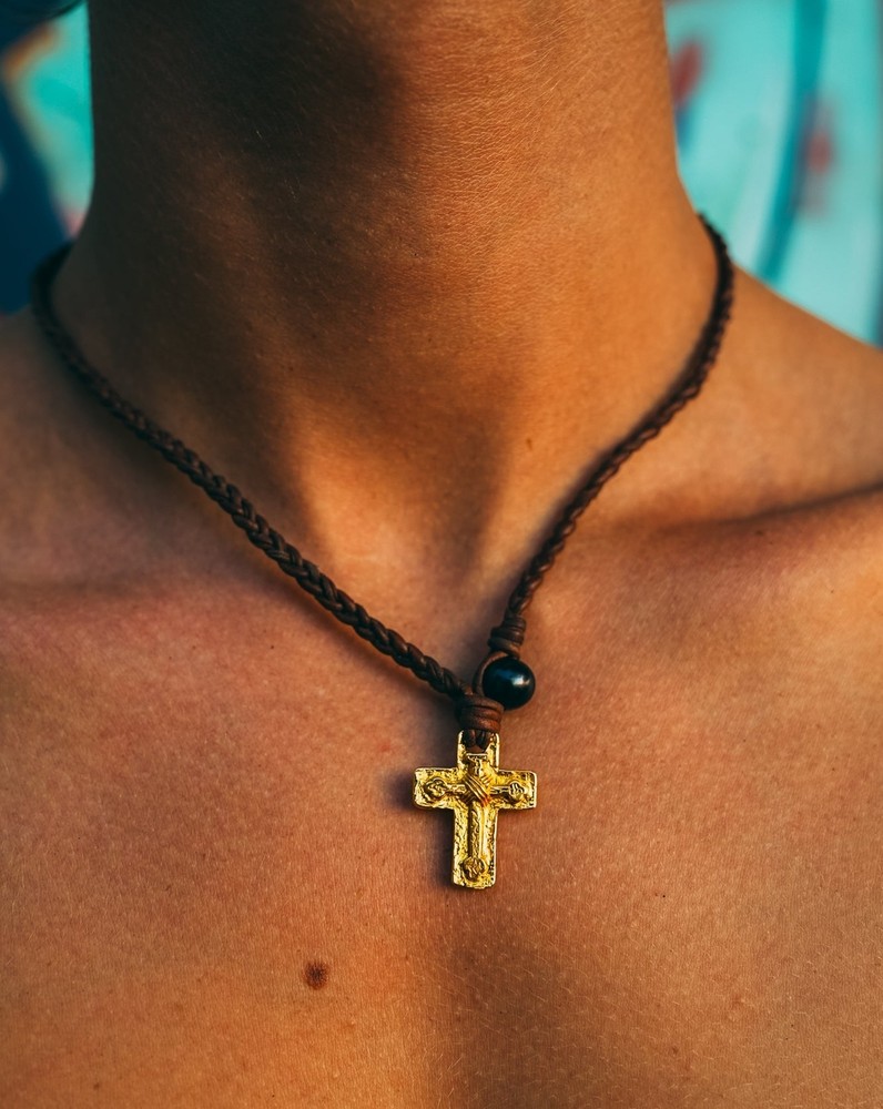 Cross Pendant  | 18K Gold | Premium Black Pearl | Authentic Leather