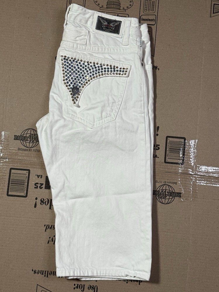 New Men’s Robin’s Jean Denim Shorts Size 30 with Swarovski Crystals White Flap