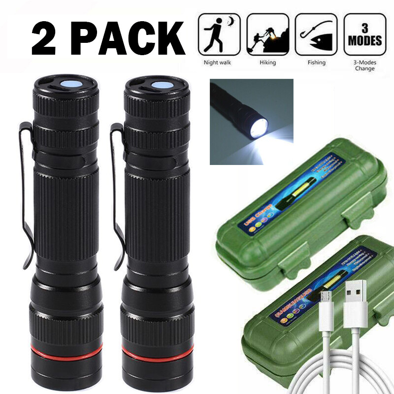 Super Bright 2500000lm LED Tactical Flashlight USB Rechargeable Torch Mini 2Pack