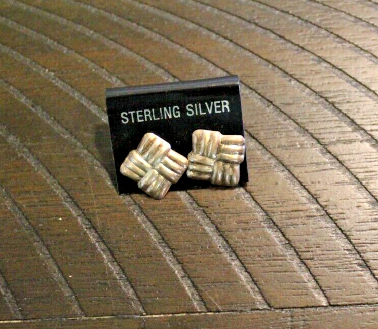 Vintage Sterling Silver Textured  Square Shaped Pierced Stud Earrings NOS 1/2