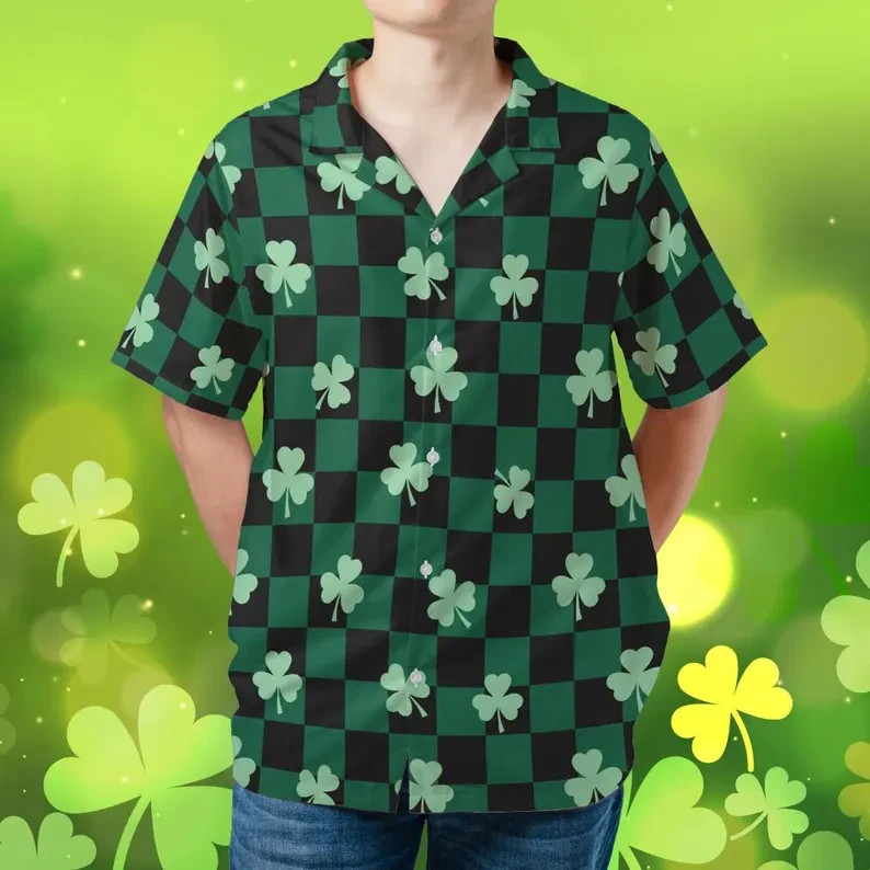 St Patricks Day Hawaiian Shirt Lucky Irish Green Clover Button Up