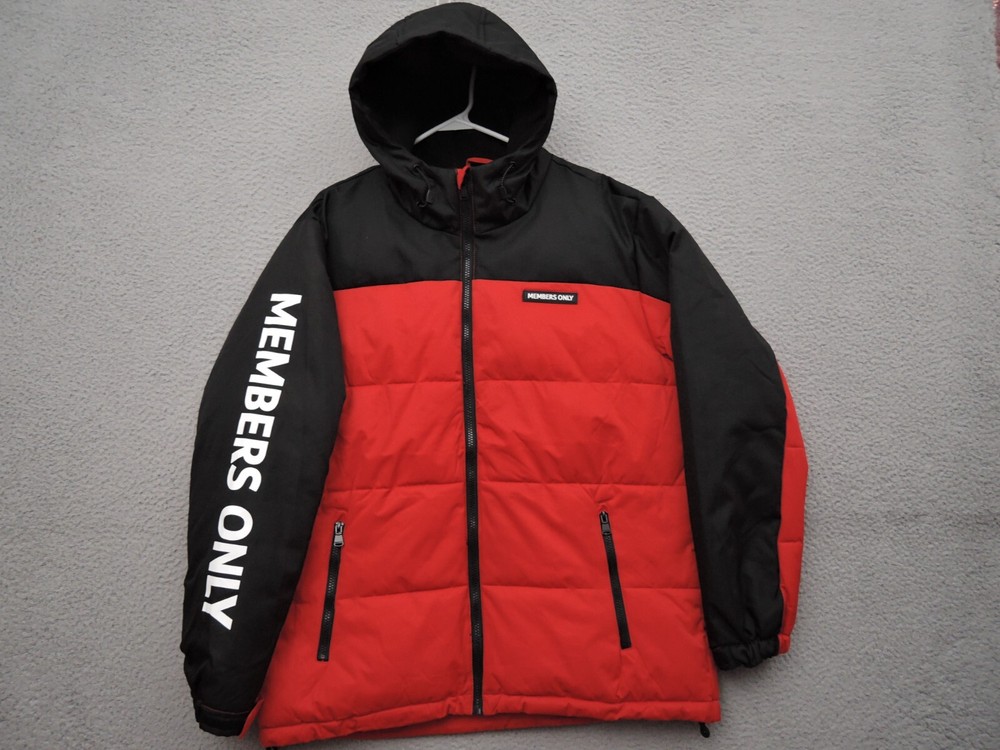 Members Only Men's Large Red and Black Quilted Hooded Sport Parka Winter Coat 8551-image