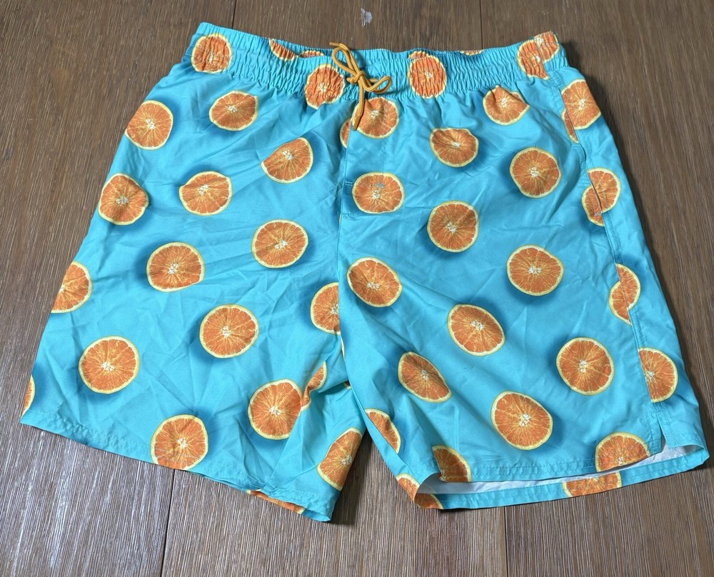 Mens shorts Swim Shorts Orange Tropical Fruit Pattern Blue Old Navy Size Large