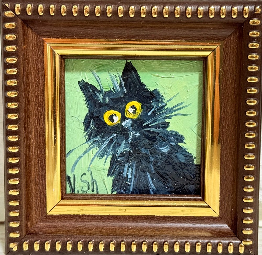 FRAMED Funny Black Cat Original Oil Painting Portrait  Pet  Animal Signed Art