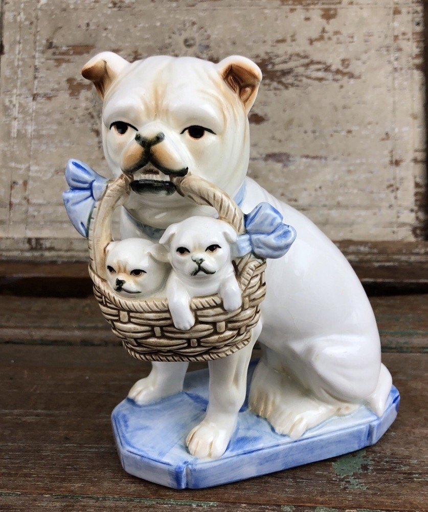 Vintage Fitz & Floyd Porcelain Bulldog Single Bookend w/Basket of Puppies