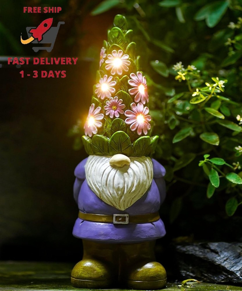 Solar garden gnome statue with succulents and 7 LED lights
